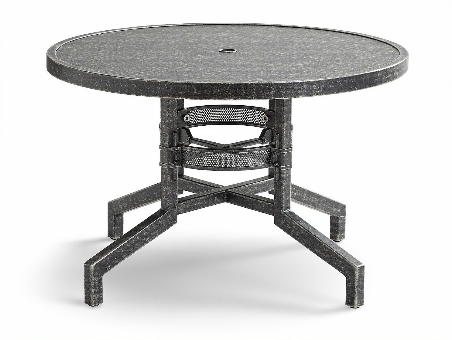 **Runde Aluminiumtisch mit zentralem Loch für Sonnenschirm**
